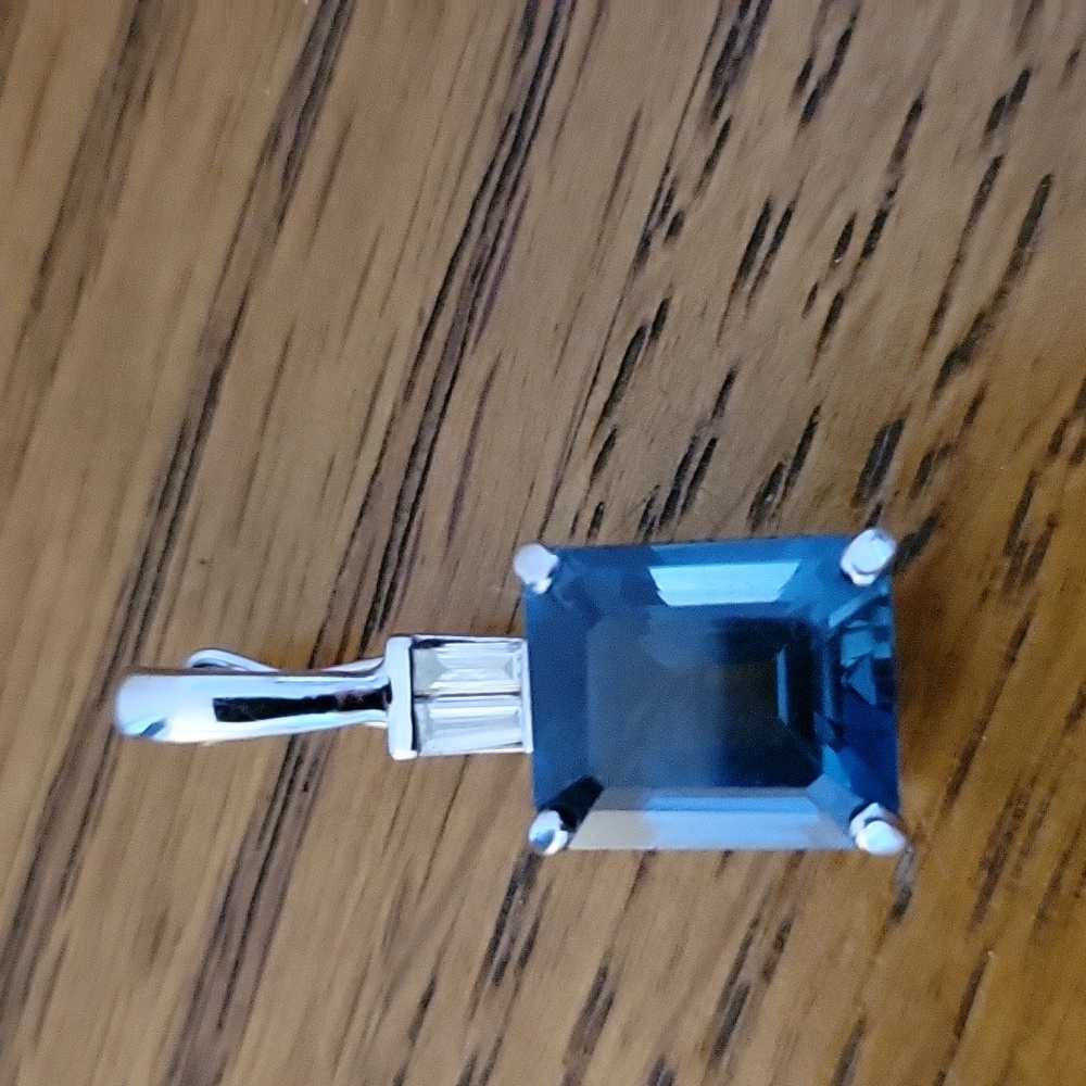 Women's 14kt White Gold, London Blue Topaz with 2 Baguette Diamonds Necklace Enh